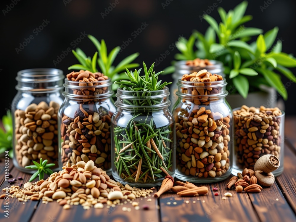 Assorted Nuts and Seeds in Glass Jars Healthy Snacks Organic Food Assorted Nuts and Seeds in Glass Jars Healthy Snacks Organic Food