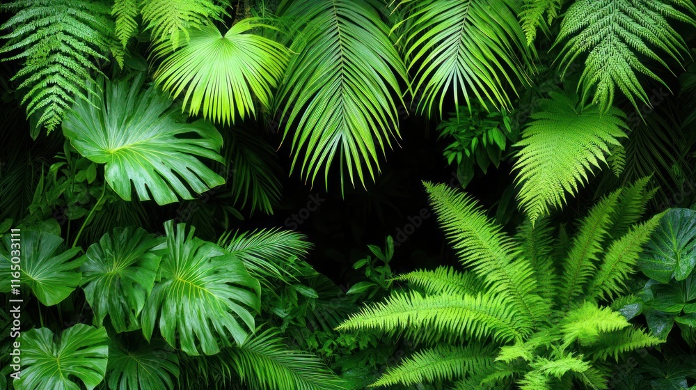 Fototapeta premium Lush green foliage creating a vibrant tropical atmosphere.