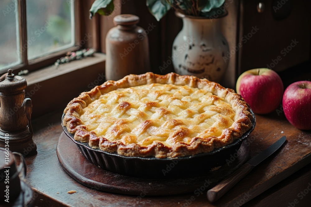 Delicious homemade apple pie on rustic wooden table near window. Delicious homemade apple pie on rustic wooden table near window.