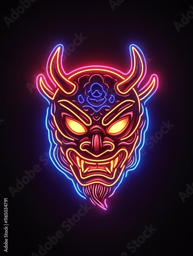 Neon Oni mask illustration, vibrant colors, dark background.