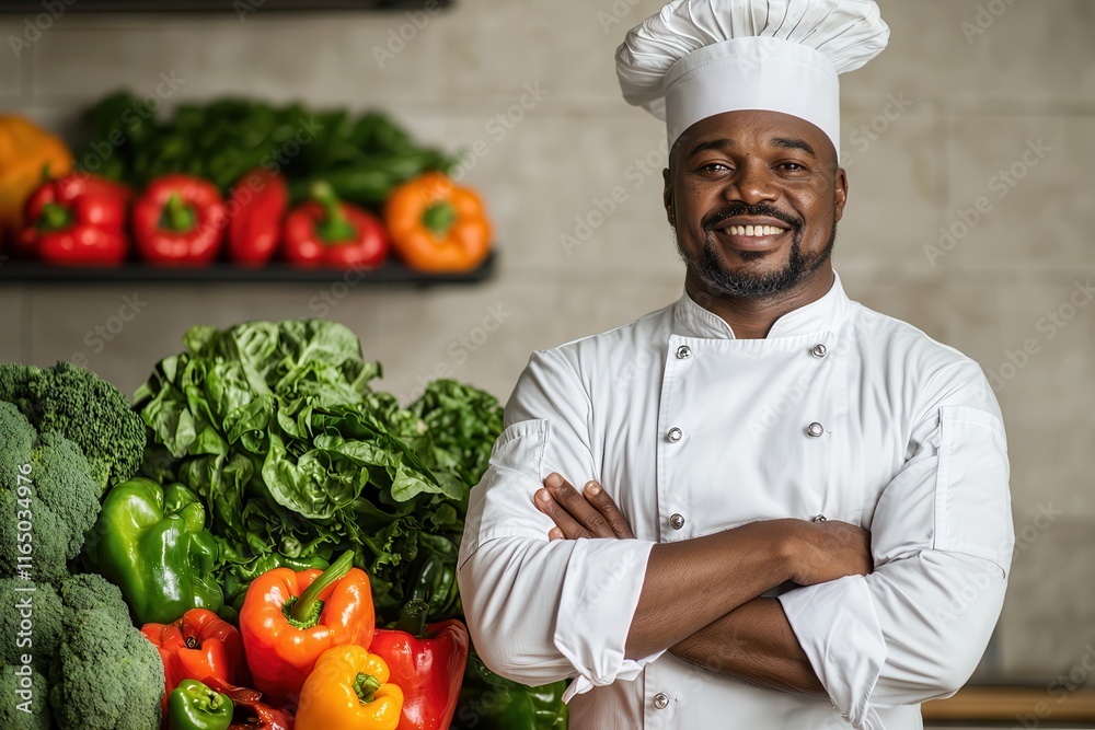 Plant-based cuisine emphasizes sustainability and freshness. Chef smiling with fresh vegetables in background Plant-based cuisine emphasizes sustainability and freshness. Chef smiling with fresh vegetables in background