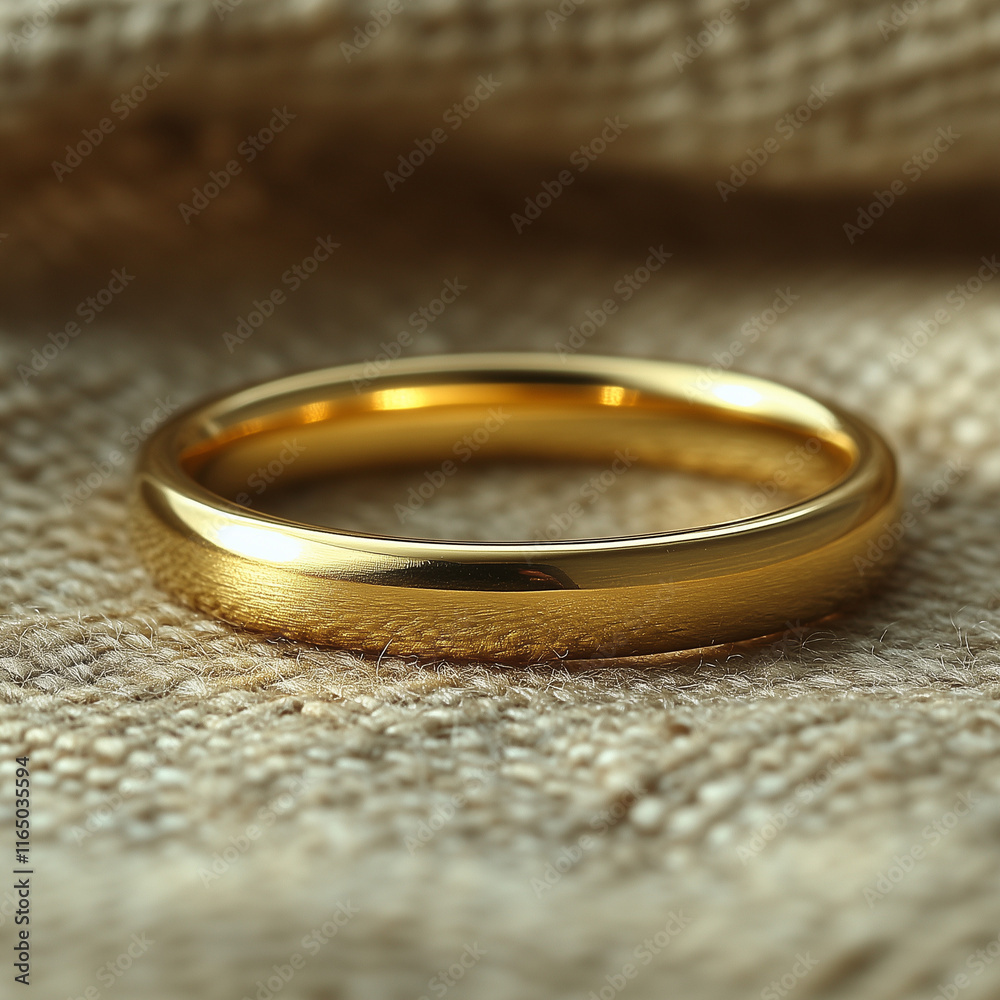 Gold wedding ring on rustic textured fabric Gold wedding ring on rustic textured fabric
