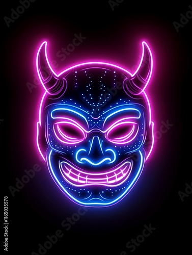 Neon Oni mask, Japanese demon face, glowing in pink and blue.