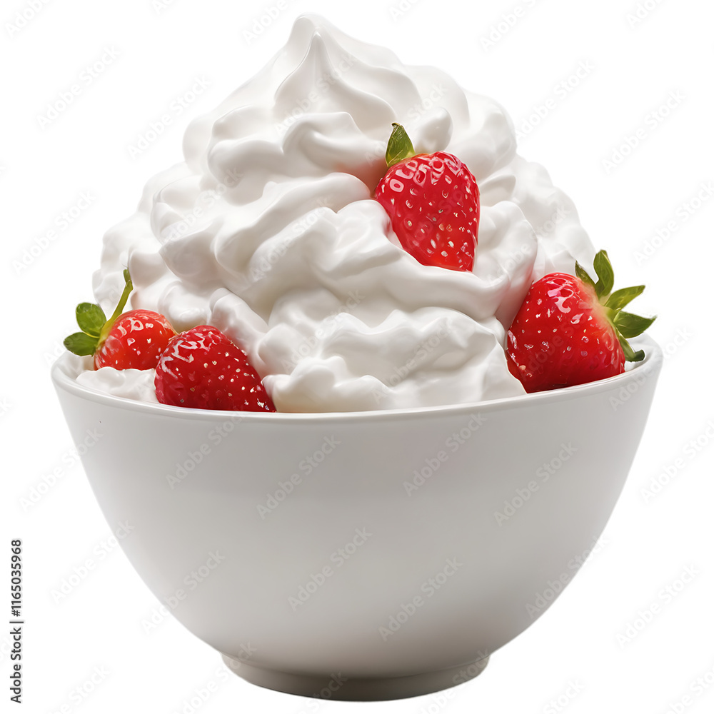 Strawberries with whipped cream in white bowl Png, with on Transparent Background Strawberries with whipped cream in white bowl Png, with on Transparent Background
