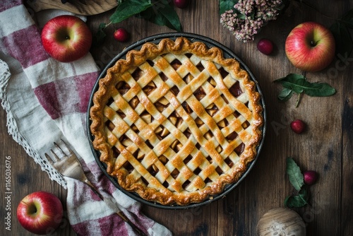 Freshly baked apple pie on a wooden table, surrounded by apples and autumnal foliage. photo