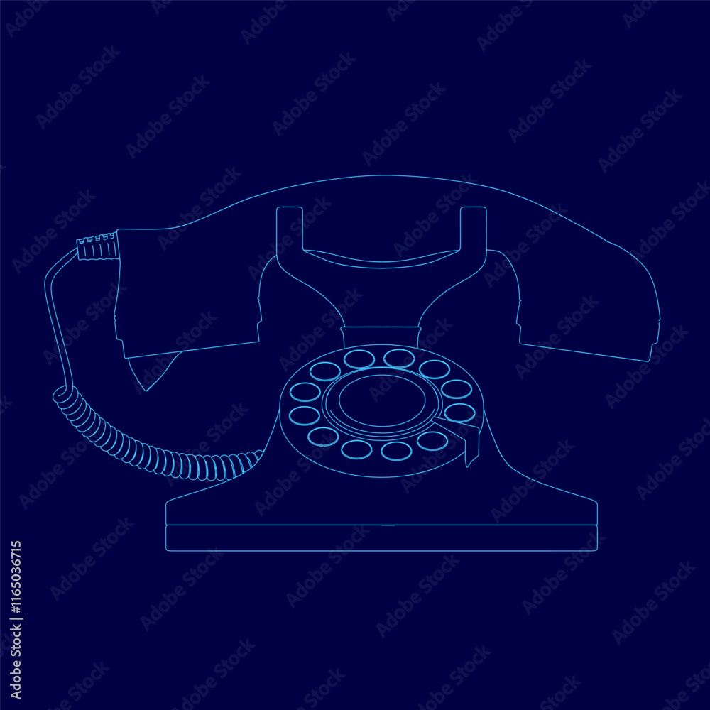 Blue drawing of a phone with a cord. The phone contour Blue drawing of a phone with a cord. The phone contour