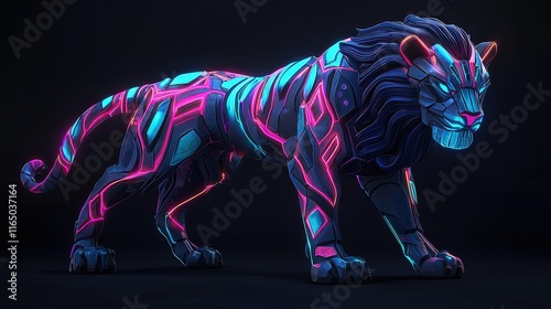 A futuristic neon lion with glowing accents. Perfect for a game character, album cover, or any project needing a touch of cyberpunk mystique. photo