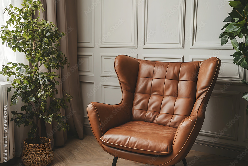 Obraz premium Luxurious Leather Wingback Chair in a Modern Living Room