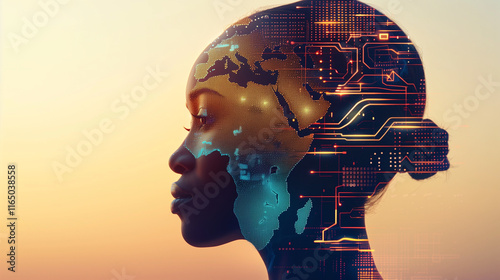 digital map of africa and african woman - concept of technological growth