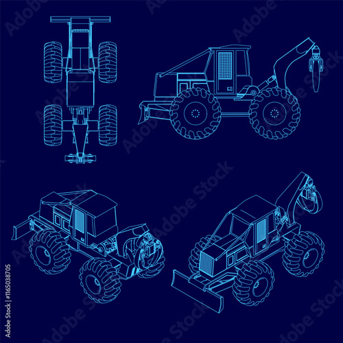 Blue drawing of a large construction vehicle. The drawing is of four different views of the vehicle, including the front, back, and sides. The vehicle is designed to be a large