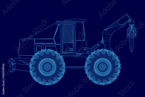 Blue image of a large truck with a crane on the back. The truck is shown in a stylized way, with the tires and wheels emphasized. Scene is futuristic and industrial