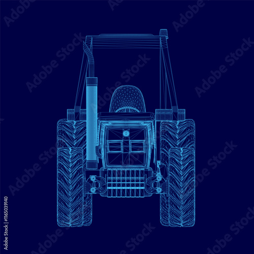 Blue tractor with a cab and a engine. The tractor is shown in a 3D format