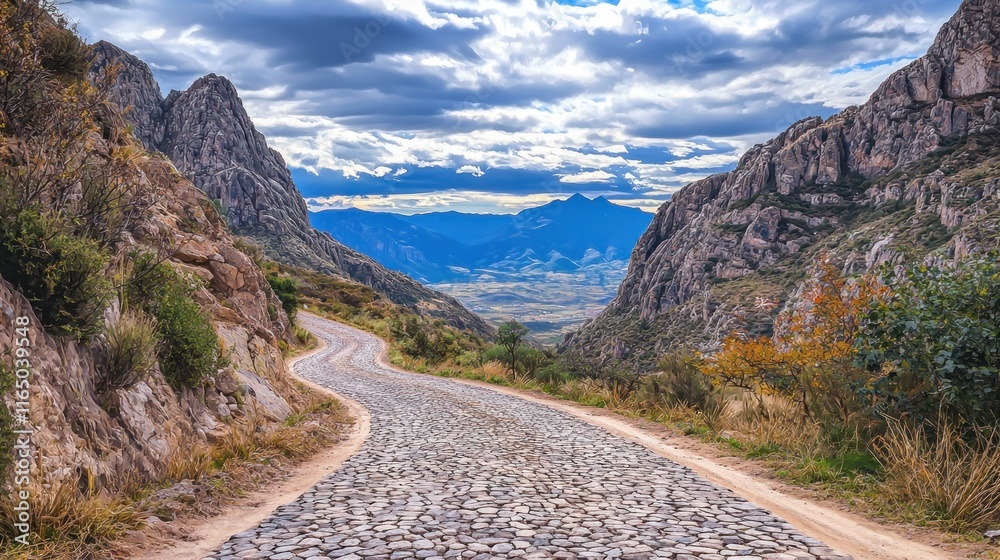 Fototapeta premium Scenic winding road through mountainous landscape under a cloudy sky.