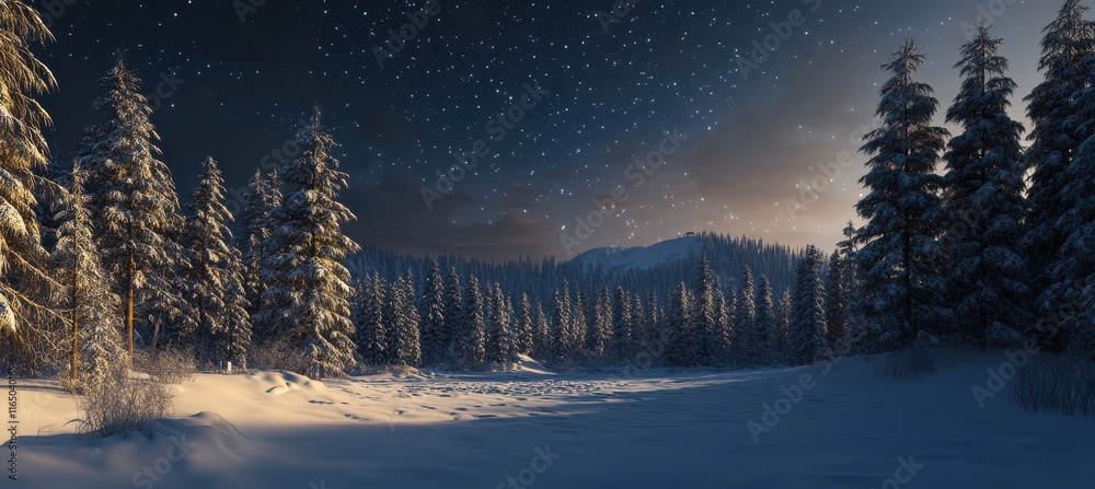 Obraz premium Snowy forest and starry sky in the mountains