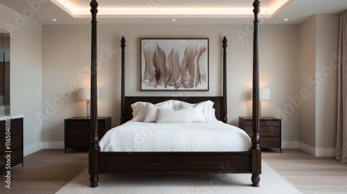 Modern master bedroom with dark wood bed, soft linens, minimalist furniture, and warm lighting.
