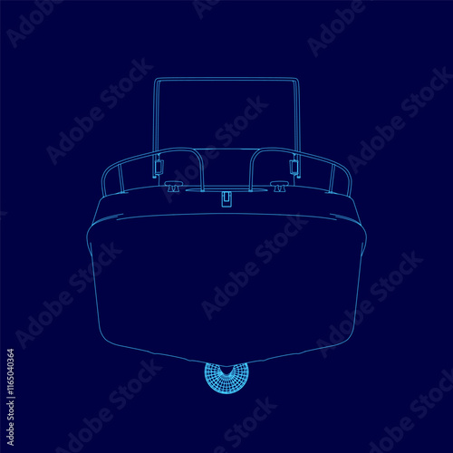 Blue boat with a tail. The boat is shown in a blue drawing. The boat is shown in a very detailed manner, with the tail being the most prominent feature