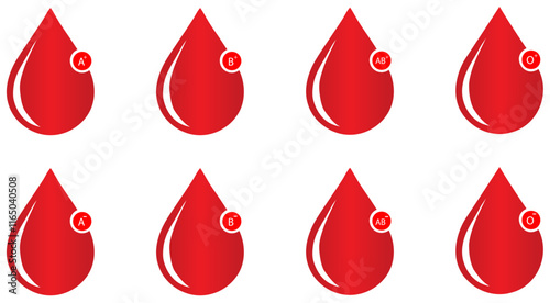 All type of blood groups vector icon set.  Drops of blood icons (Positive: O+, A+, B+, AB+ and Negative: O-, A-, B- AB- types). Blood donation. 