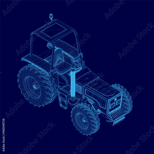 Blue tractor with a cab. The tractor is shown in a 3D. Isometric view