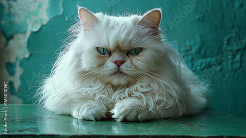 A fluffy white Persian cat with long hair lying on a green table, with a funny expression.