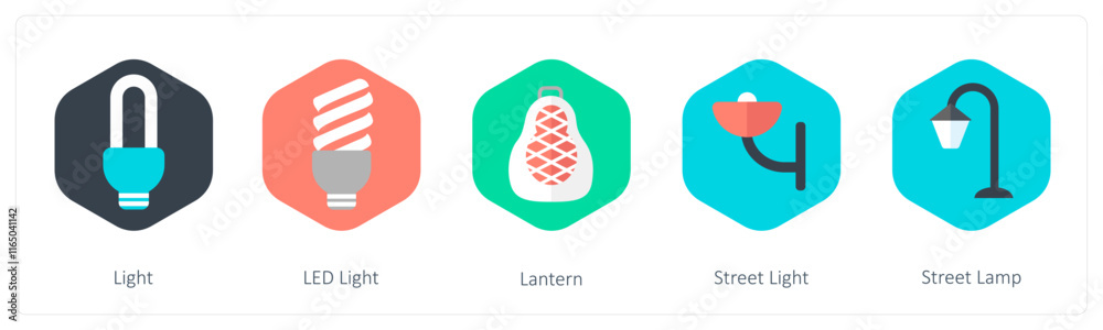 A set of 5 mix icons as light, led light, lantern