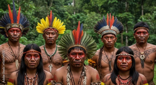 Indigenous amazon tribe members in traditional headdresses and face paint in lush forest