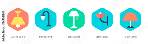 A set of 5 mix icons as ceiling lamp, street lamp, table lamp