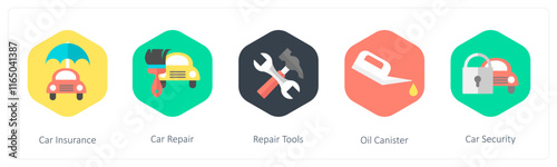 A set of 5 mix icons as car insurance, car repair, repair tools