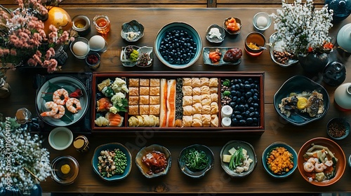 A vibrant spread of Osechi Ryori, featuring lacquered jubako boxes filled with colorful dishes like rolled omelets, black soybeans, and shrimp, meticulously arranged with traditional patterns, photo