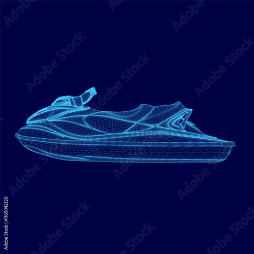Blue jet ski is shown in a stylized way. The jet ski is shown in a blue color and has a stripe. The jet ski is shown in a stylized way, which gives it a unique and artistic appearance