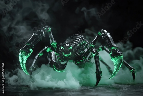 A menacing robotic spider with glowing green claws emerges from a smoky backdrop. Ideal for sci-fi or fantasy settings, game assets, or album covers. photo