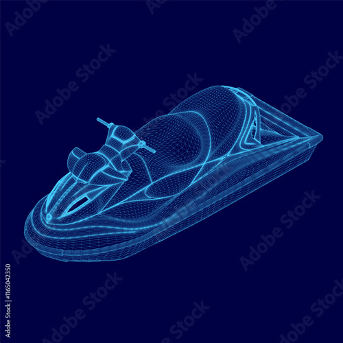 Blue jet ski is shown in a blue background. The jet ski is a small, compact model with a blue design. Isometric view