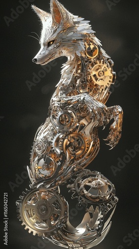 A majestic clockwork fox crafted from intricate gears and polished metal. Ideal for steampunk-inspired designs or as a unique decorative element. photo