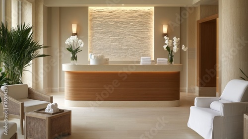 Aerial view of a serene spa reception area with a modern and minimalist design.