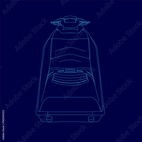 Blue drawing of a jet ski. The jet ski is shown in a blue outline