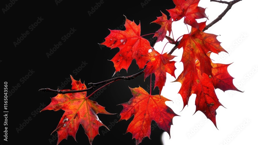A branch with vibrant red maple leaves against a dark background.