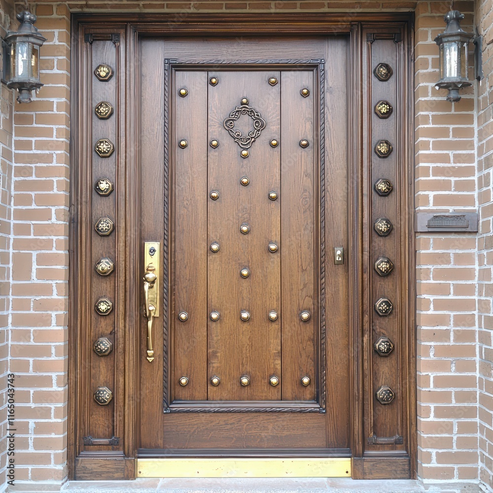 Obraz premium Heavy wooden door with brass accents, set against a brick exterior with a traditional finish.
