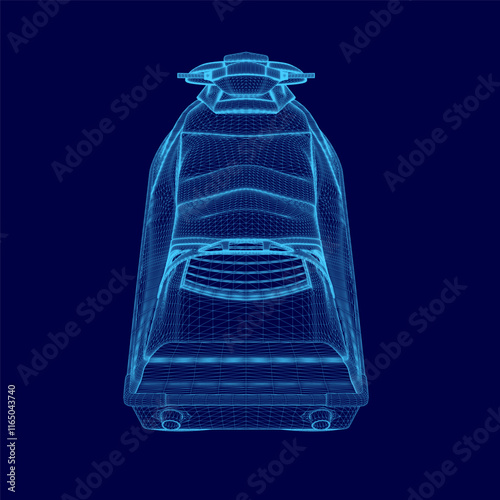 Blue image of a jet ski. The jet ski is shown in a 3D format, with a blue color scheme. The jet ski appears to be a futuristic design, with a sleek and modern look