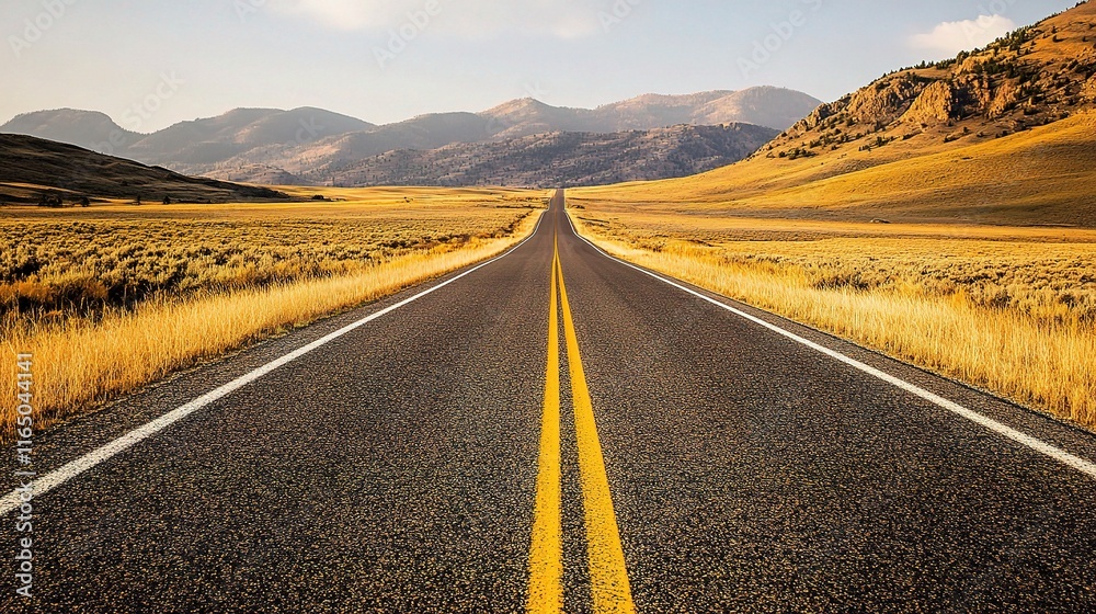 Fototapeta premium Freshly Paved Asphalt Road Stretching Into Distant Scenic Landscape