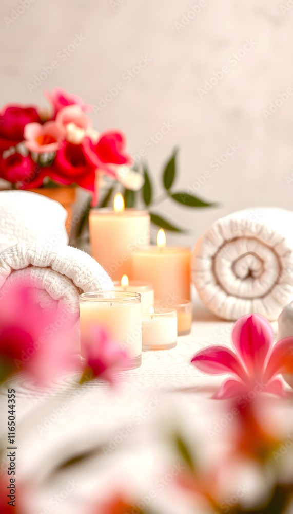 spa treatment background. towels with candles and flowers. banner with copy space, blurry foreground, with white tones spa treatment background. towels with candles and flowers. banner with copy space, blurry foreground, with white tones