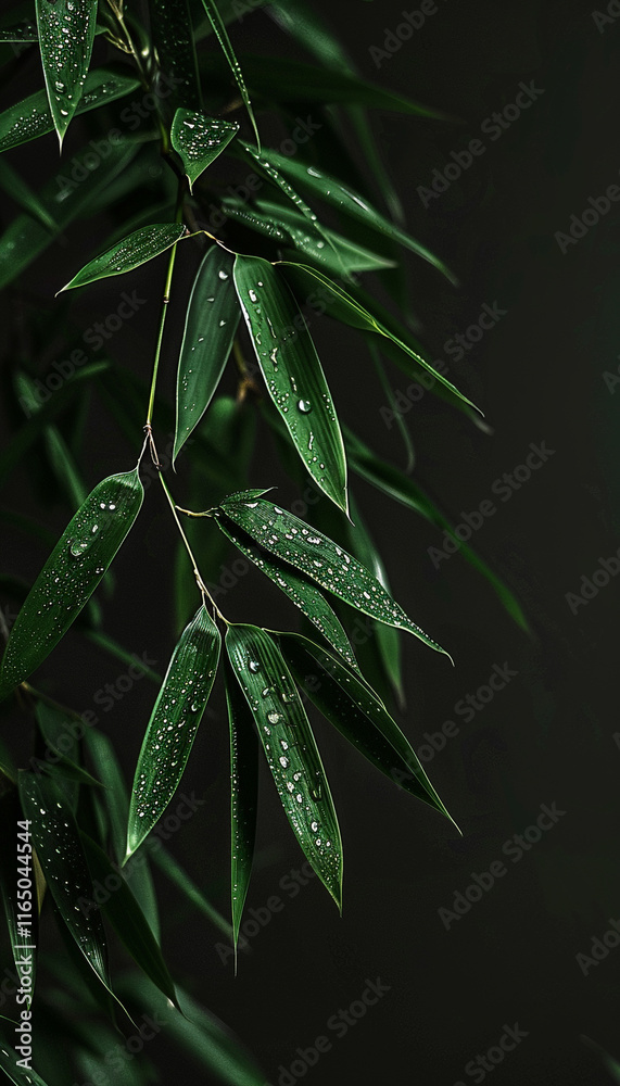 Obraz premium Green bamboo leaves on black background