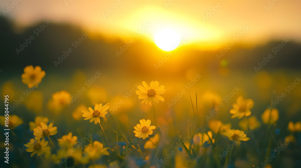 An abstract view of a soft-focus sunset landscape filled with yellow flowers and grass during the warm golden hour of spring and summer, with blurred forest scenery in the background. An abstract view of a soft-focus sunset landscape filled with yellow flowers and grass during the warm golden hour of spring and summer, with blurred forest scenery in the background.