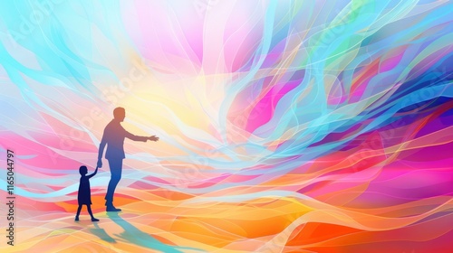 A colorful, abstract representation of a parent and child exploring a vibrant world together.