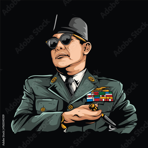 A man in a military uniform is holding a pen and wearing sunglasses. The image has a serious and authoritative mood, as the man is dressed in a uniform and he is in a position of power
