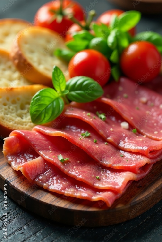 Thinly sliced meat arranged on a platter with bread and vegetables, served cold , sandwich, lunch Thinly sliced meat arranged on a platter with bread and vegetables, served cold , sandwich, lunch