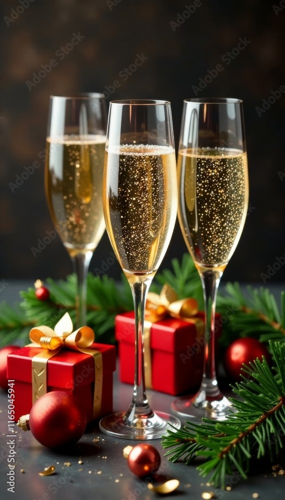 Three faceted champagne glasses filled with sparkling liquid surrounded by small gifts and festive foliage , decoration, festive Three faceted champagne glasses filled with sparkling liquid surrounded by small gifts and festive foliage , decoration, festive