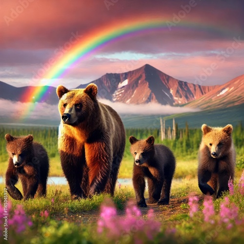 Alaska Landscape with Brown Bears and Rainbow