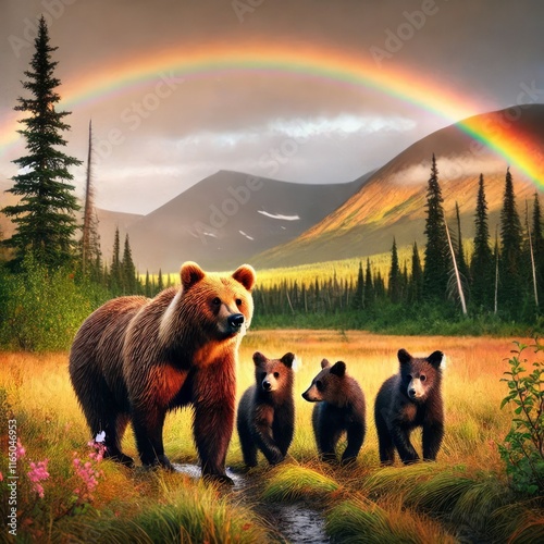 Family of Bears in Scenic Alaskan Countryside