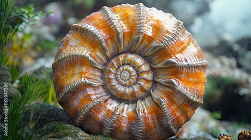 3D illustration of a prehistoric marine creature (ammonite), capturing the intricate details of this ancient species, showing its vibrant spiral shell and the underwater world where it once thrived. photo