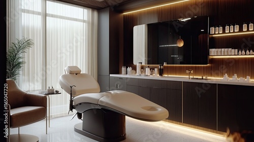 Aesthetic clinic with sleek furniture, modern treatment devices, and premium skincare products on display.