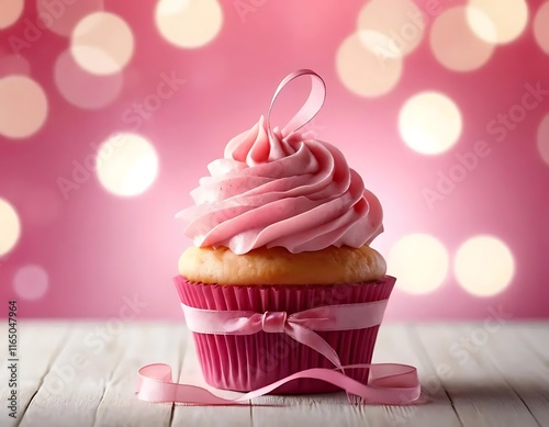 Pink cupcake with frosting and ribbon on a table photo